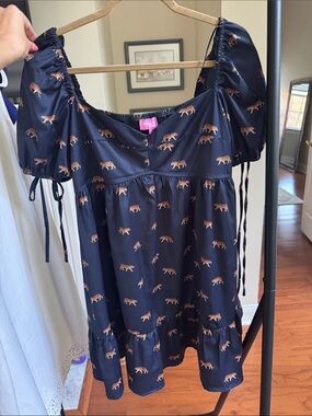 Navy Blue Tiger-Print Puff Sleeve Dress